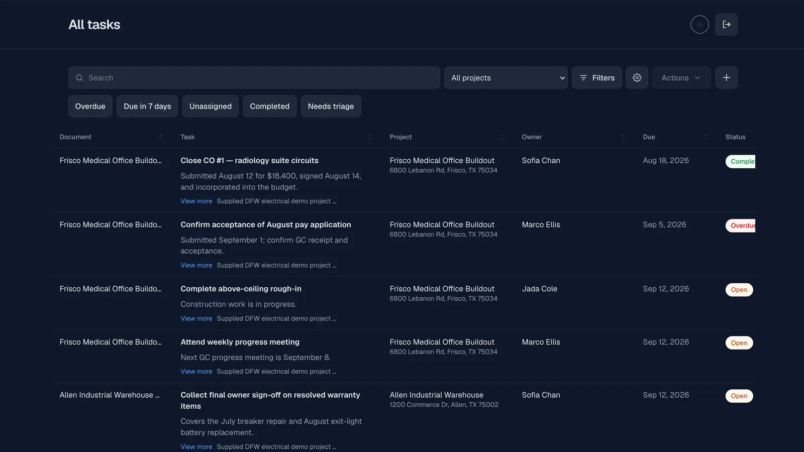 Flou task register showing task names, owners, due dates, and statuses