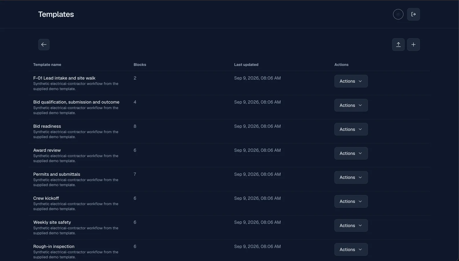 Flou template list showing reusable electrical project checklists
